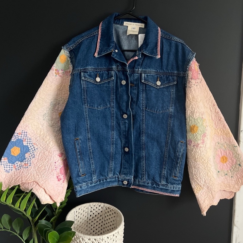Nwt Free people x Tricia Fix Blue Denim patch work bell sleeve Jacket nwt - Picture 3 of 9